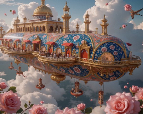 Fantastical Airship with Blue and Gold Patterns