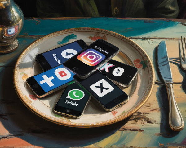 Smartphones with Social Media Icons on Decorative Plate