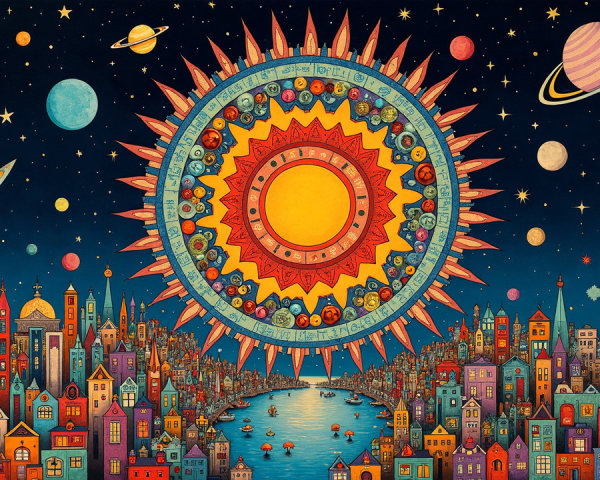 Whimsical Cityscape Under Starry Night Sky