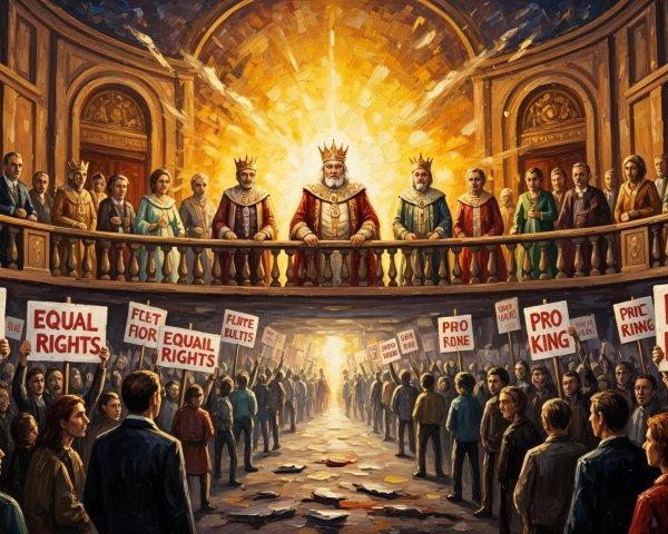 Dramatic Scene of Factions in a Grand Hall