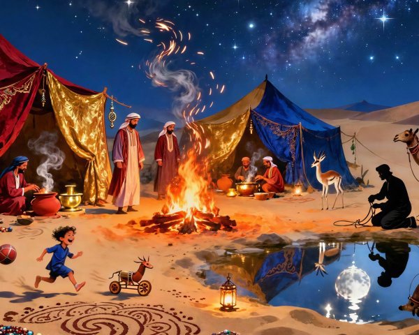 Desert Night Scene with Bedouins and Campfire Activities