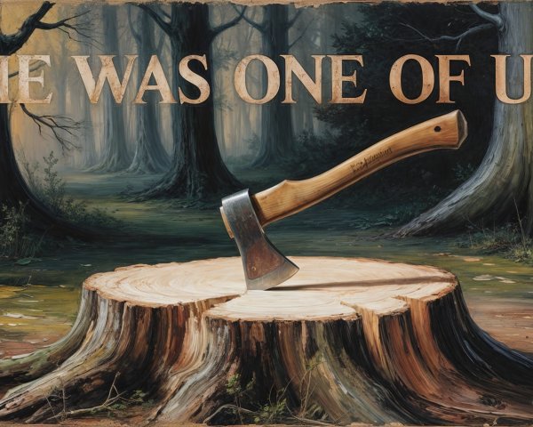 Axe on Tree Stump in Serene Wooded Landscape