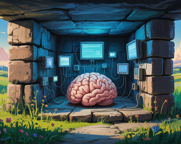 Surreal Scene of Pink Brain in Stone Structure