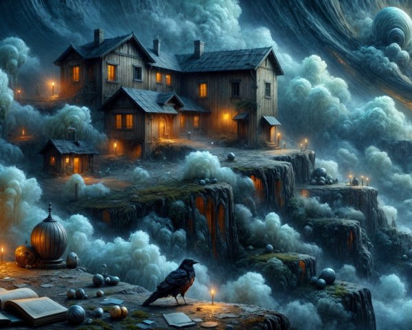 Mystical Landscape with Cliffs and Glowing Houses