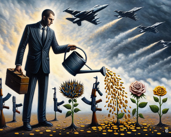 Man in Suit Watering Flowers That Transform into Guns