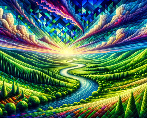 Vibrant Landscape with Rolling Hills and River Reflection