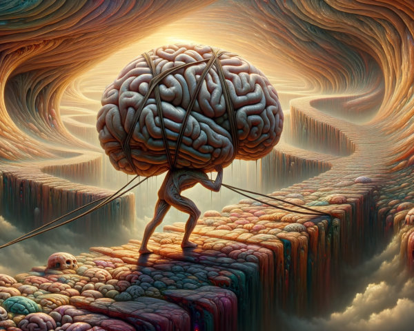 Surreal Landscape with Humanoid and Oversized Brain
