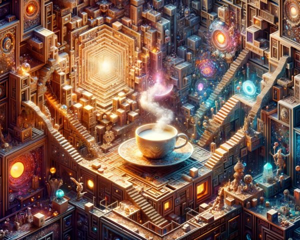 Surreal Coffee Scene with Geometric Structures and Galaxies