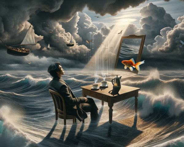 Man at Table with Mirror and Goldfish in Surreal Scene