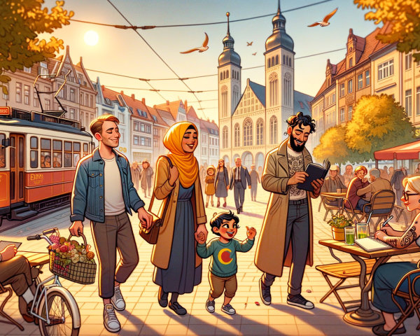 Diverse Family Strolling in Vibrant City Square
