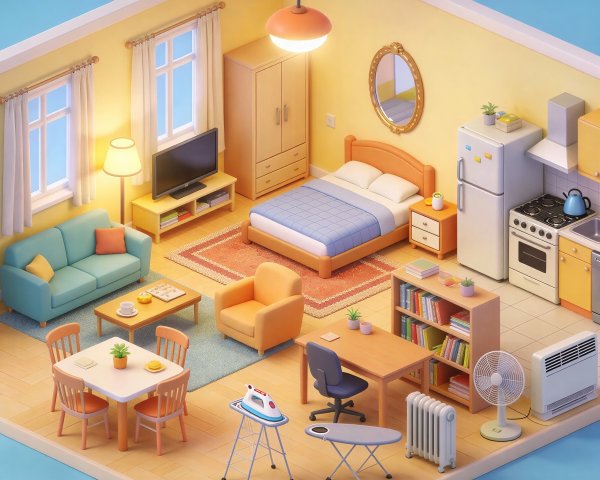 3D Isometric View of a One-Bedroom Apartment Design