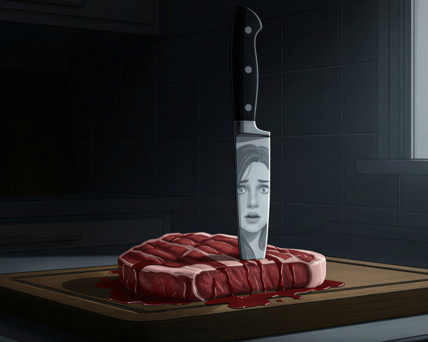 Raw Steak on Cutting Board with Knife and Soft Light