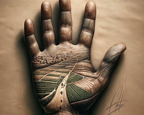 Surreal Human Hand with Intricate Landscape Carving