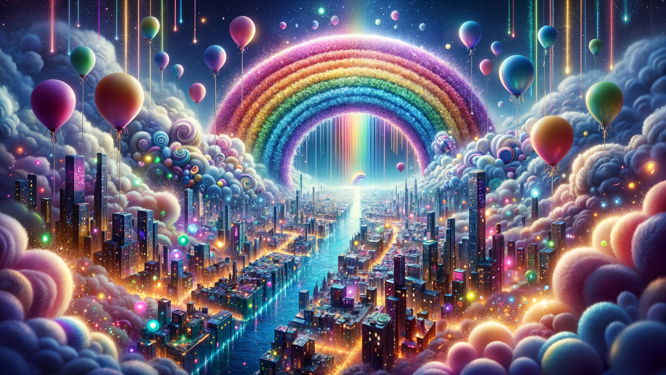 Vibrant Dreamlike Cityscape with Rainbow and Balloons