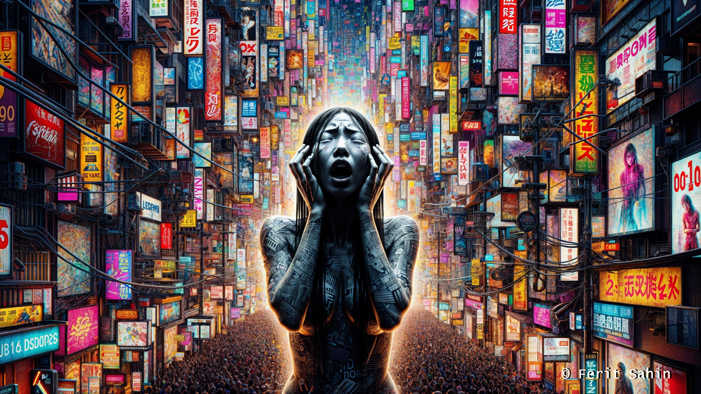 Futuristic cityscape with neon signs and distressed figure