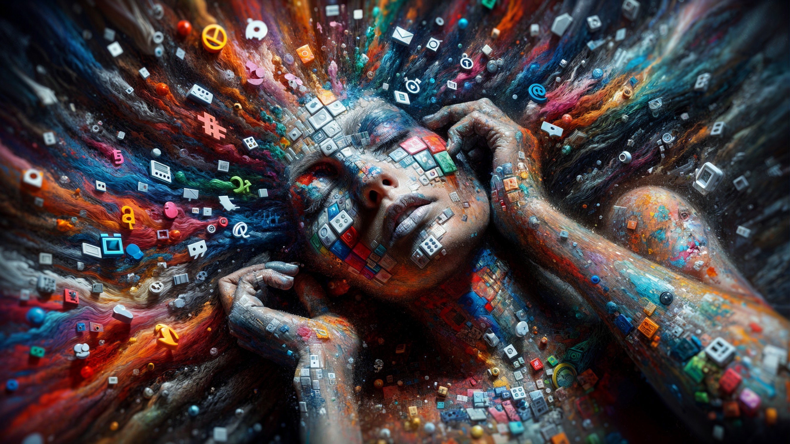Woman in serene pose amidst colorful digital symbols