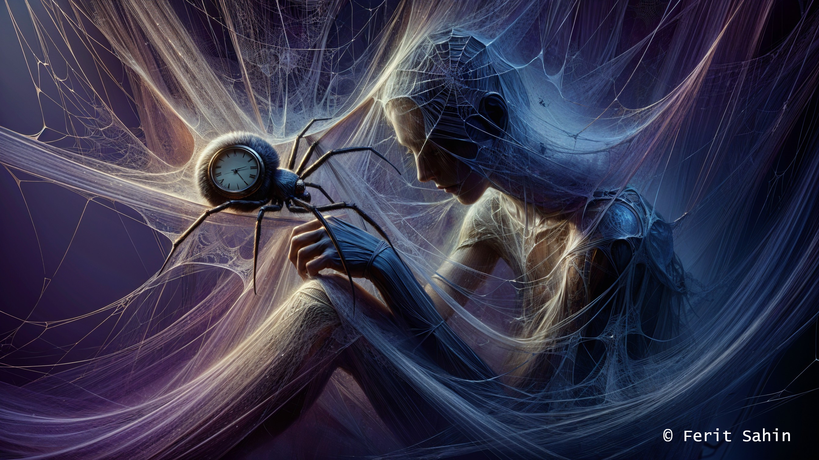 Surreal Figure Entwined in Ethereal Webs and Clock