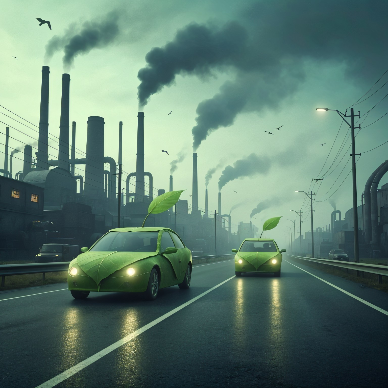 Green Cars Amidst Industrial Pollution and Overcast Sky