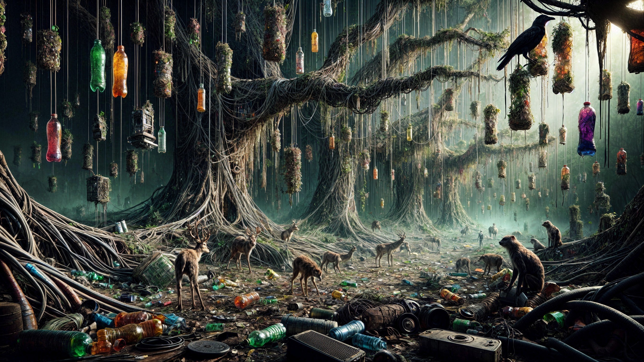 Dystopian Landscape with Ancient Tree and Pollution