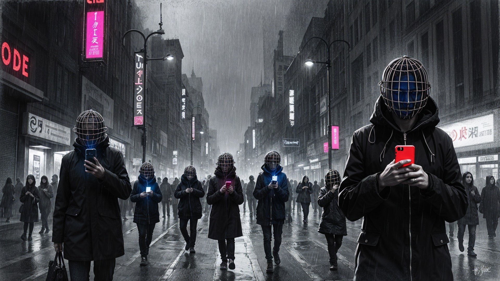 Dystopian Urban Scene with Masked Figures and Neon Lights