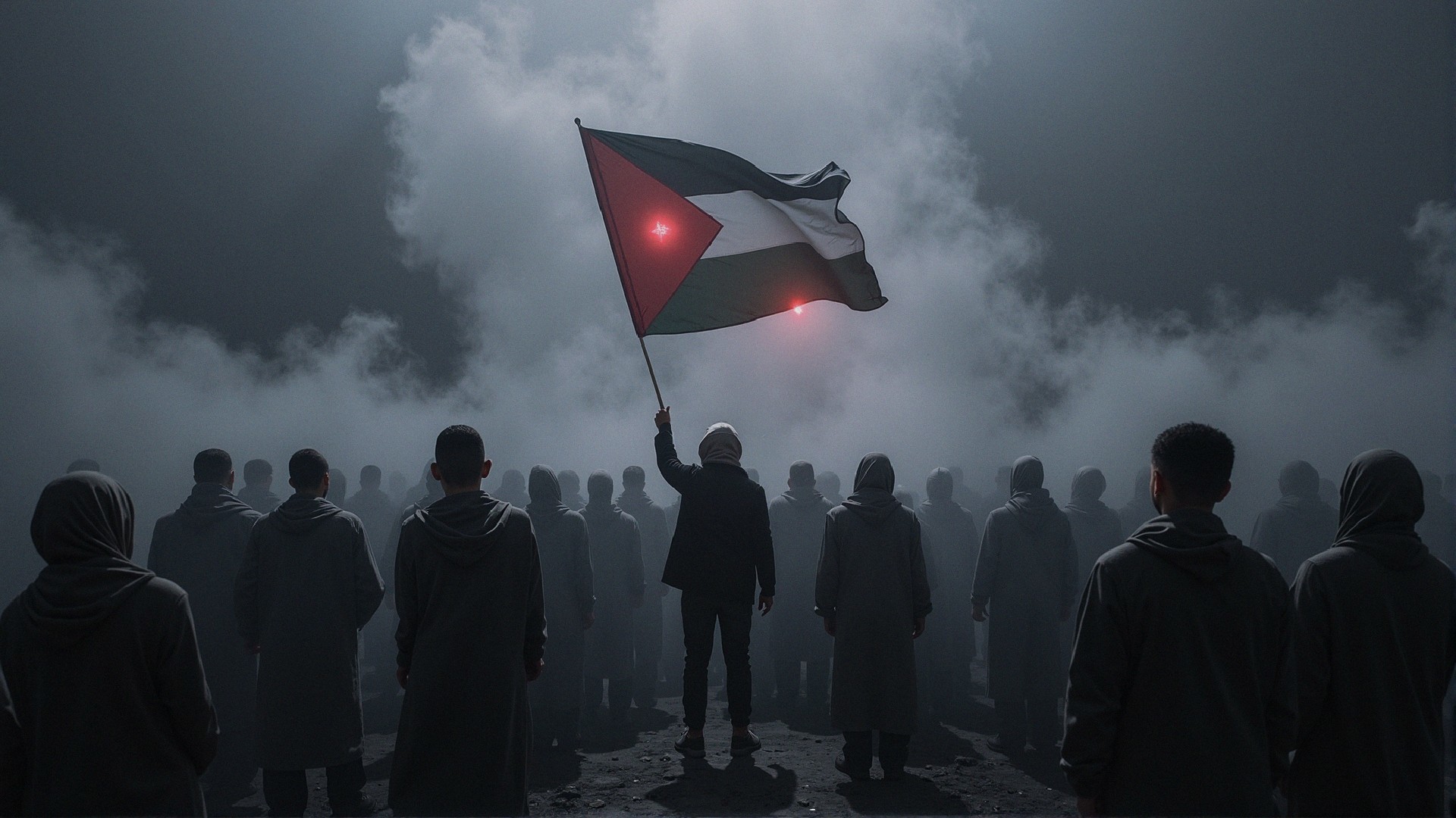 Hooded Individuals in Foggy Landscape with Flag