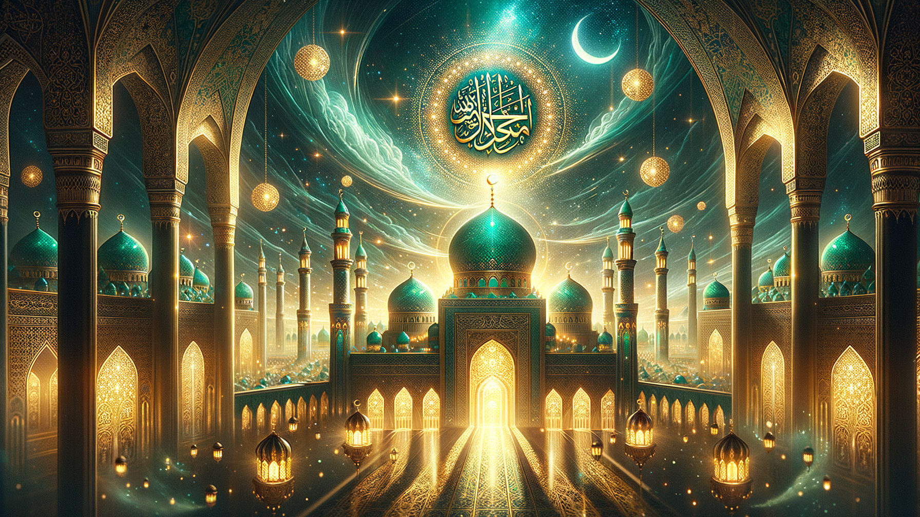 Ornate Mosque with Golden Lights and Celestial Elements