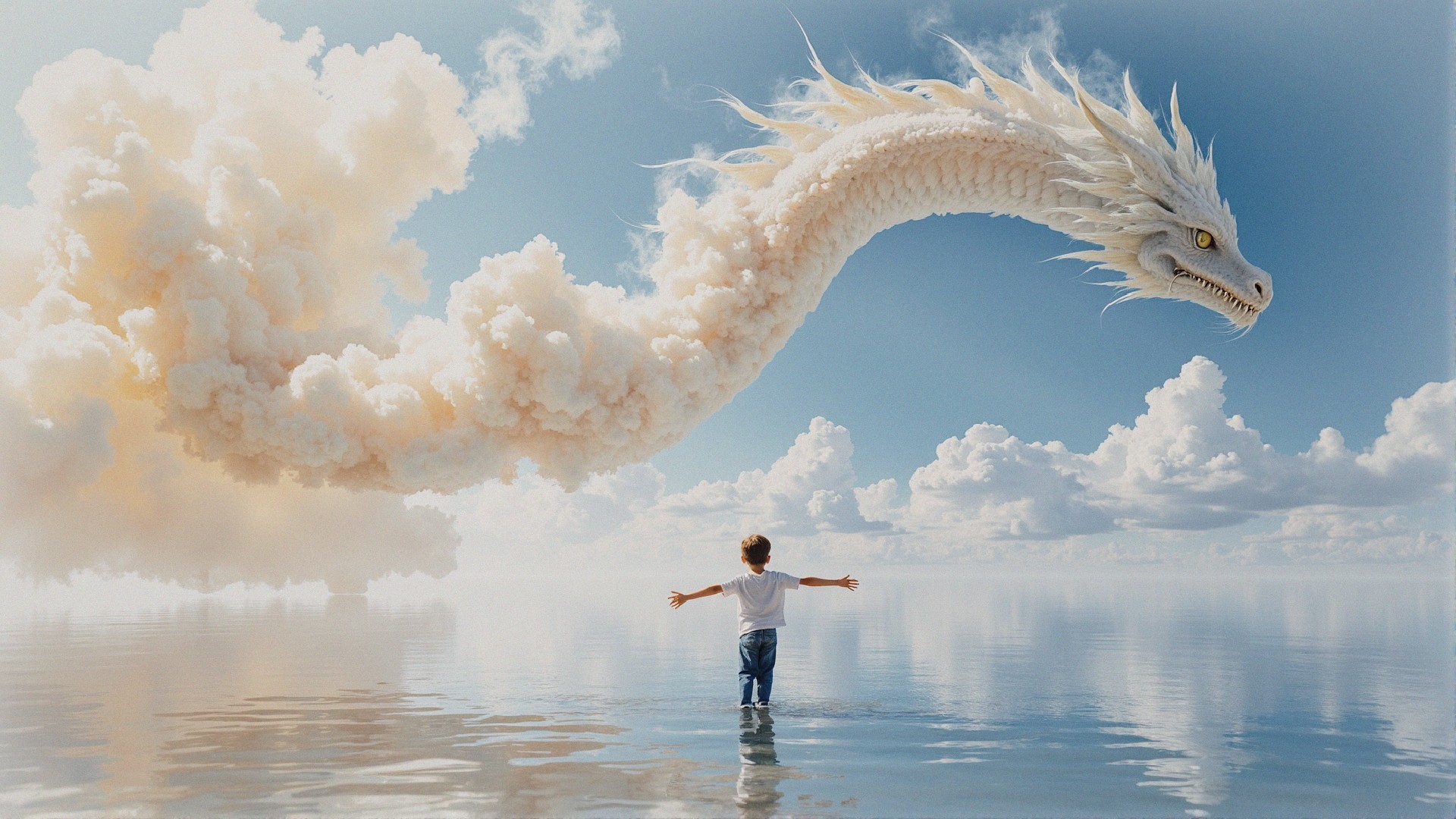 Child in Shallow Water Gazes at Cloud Dragon