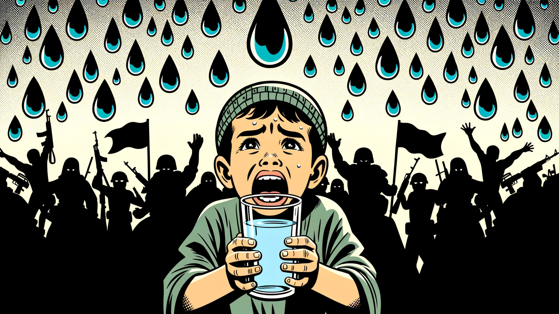 Distressed Child with Water Amidst Dark Crowd Silhouette