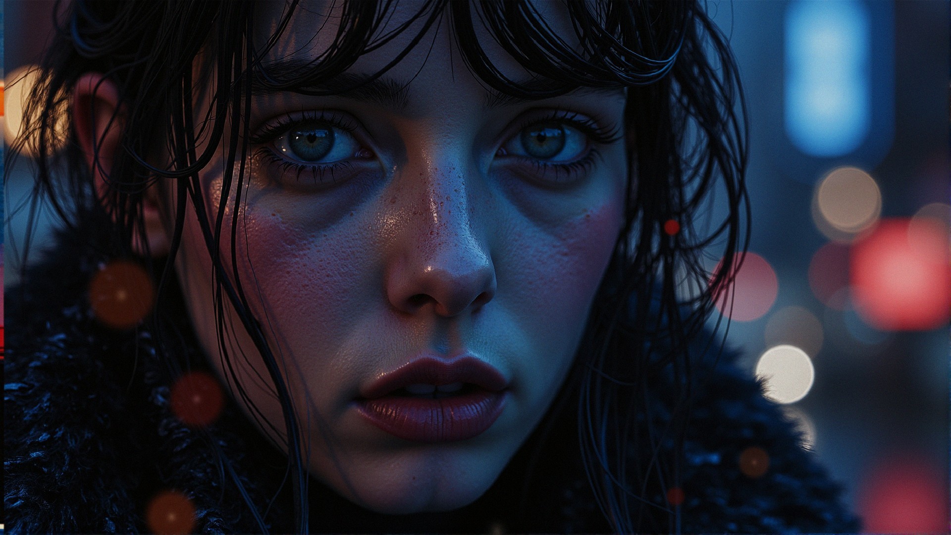 Close-up portrait of a young woman with blue eyes