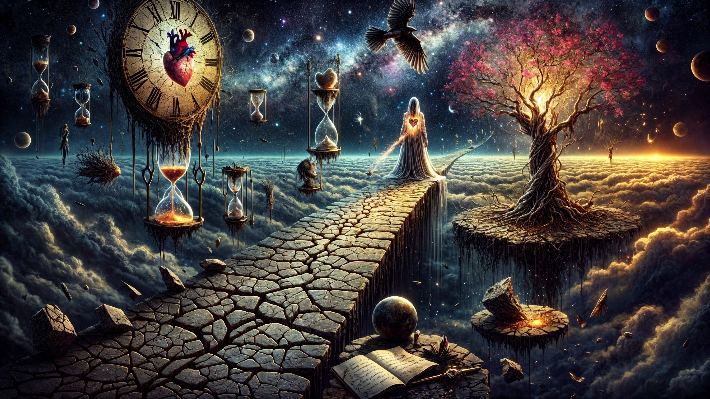 Surreal Landscape with Winding Path and Celestial Elements