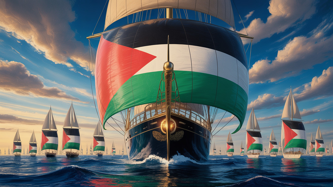 Fleet of Sailboats with Palestinian Flag at Sunset