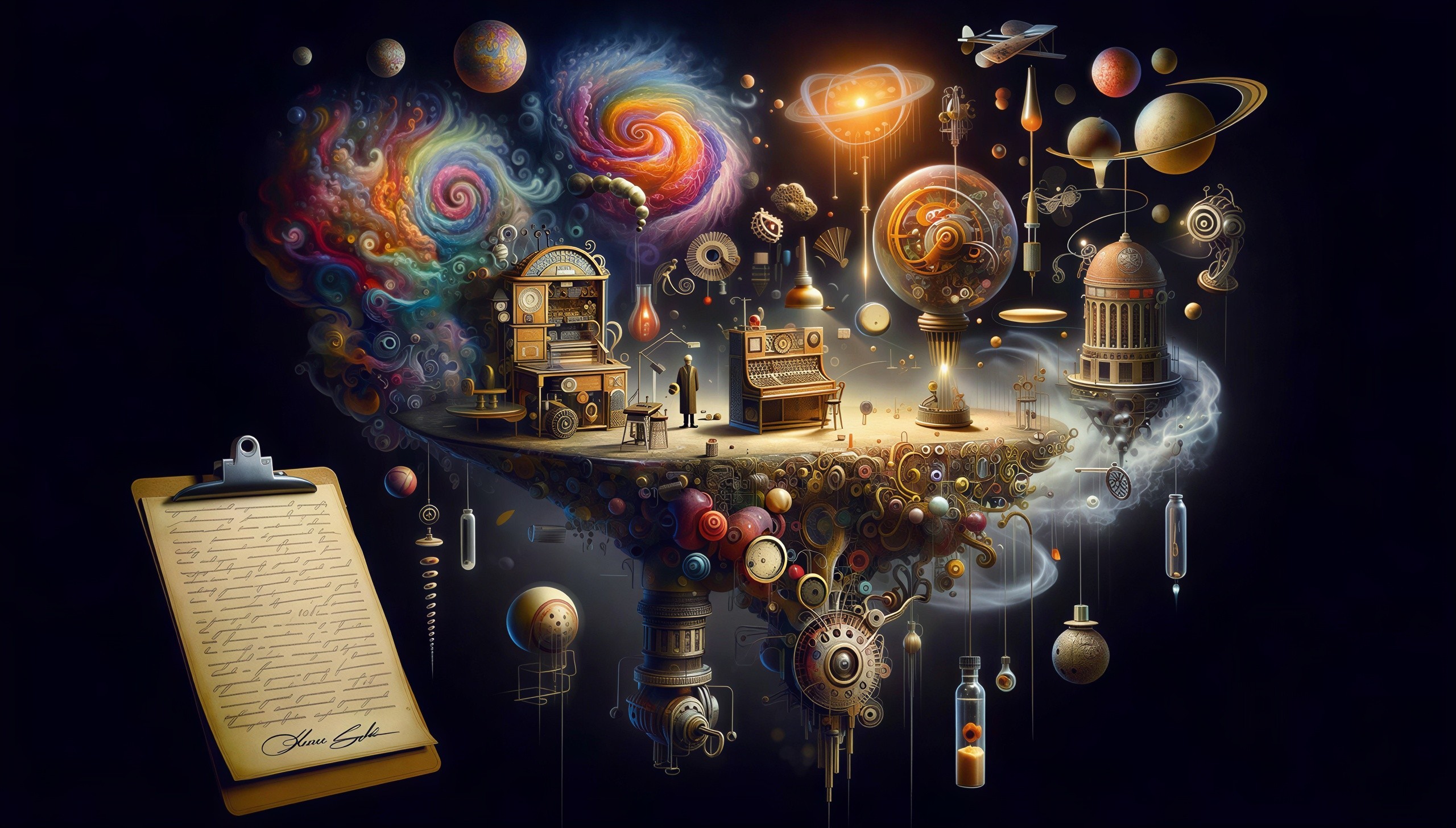 Steampunk Floating Island in a Colorful Nebula