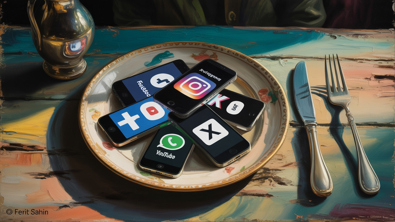 Smartphones with Social Media Icons on Decorative Plate