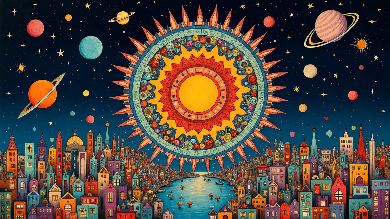 Whimsical Cityscape Under Starry Night Sky