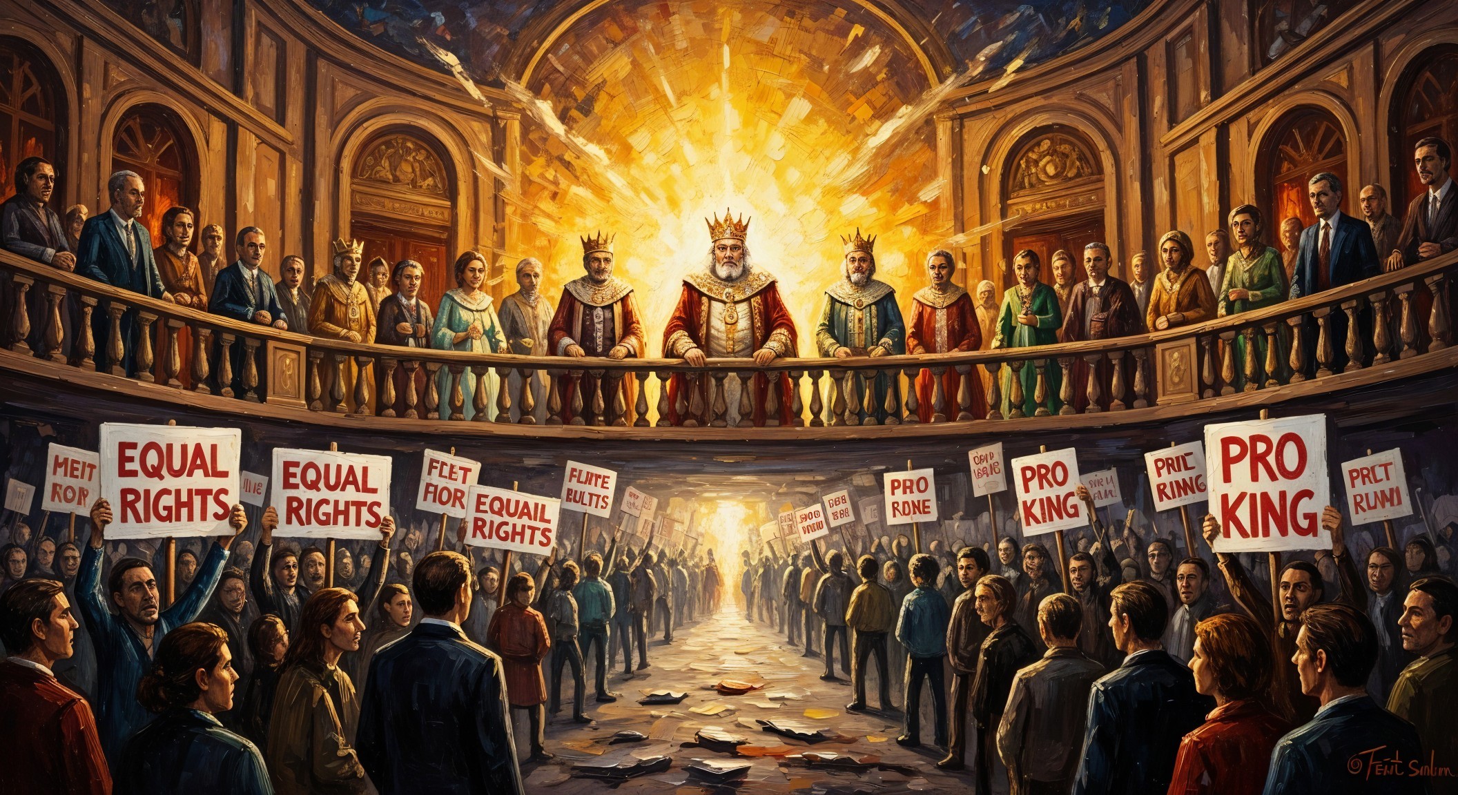 Dramatic Scene of Factions in a Grand Hall