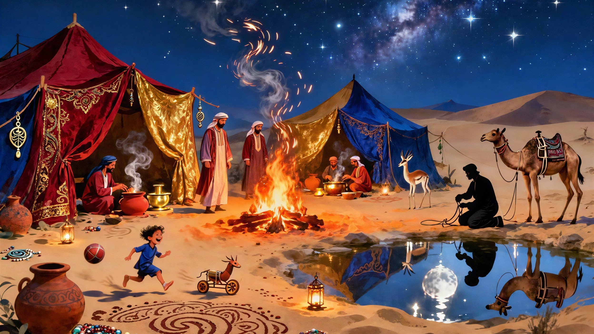 Desert Night Scene with Bedouins and Campfire Activities