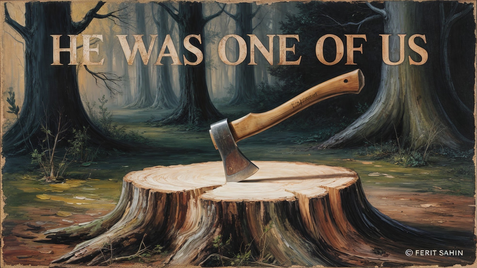 Axe on Tree Stump in Serene Wooded Landscape
