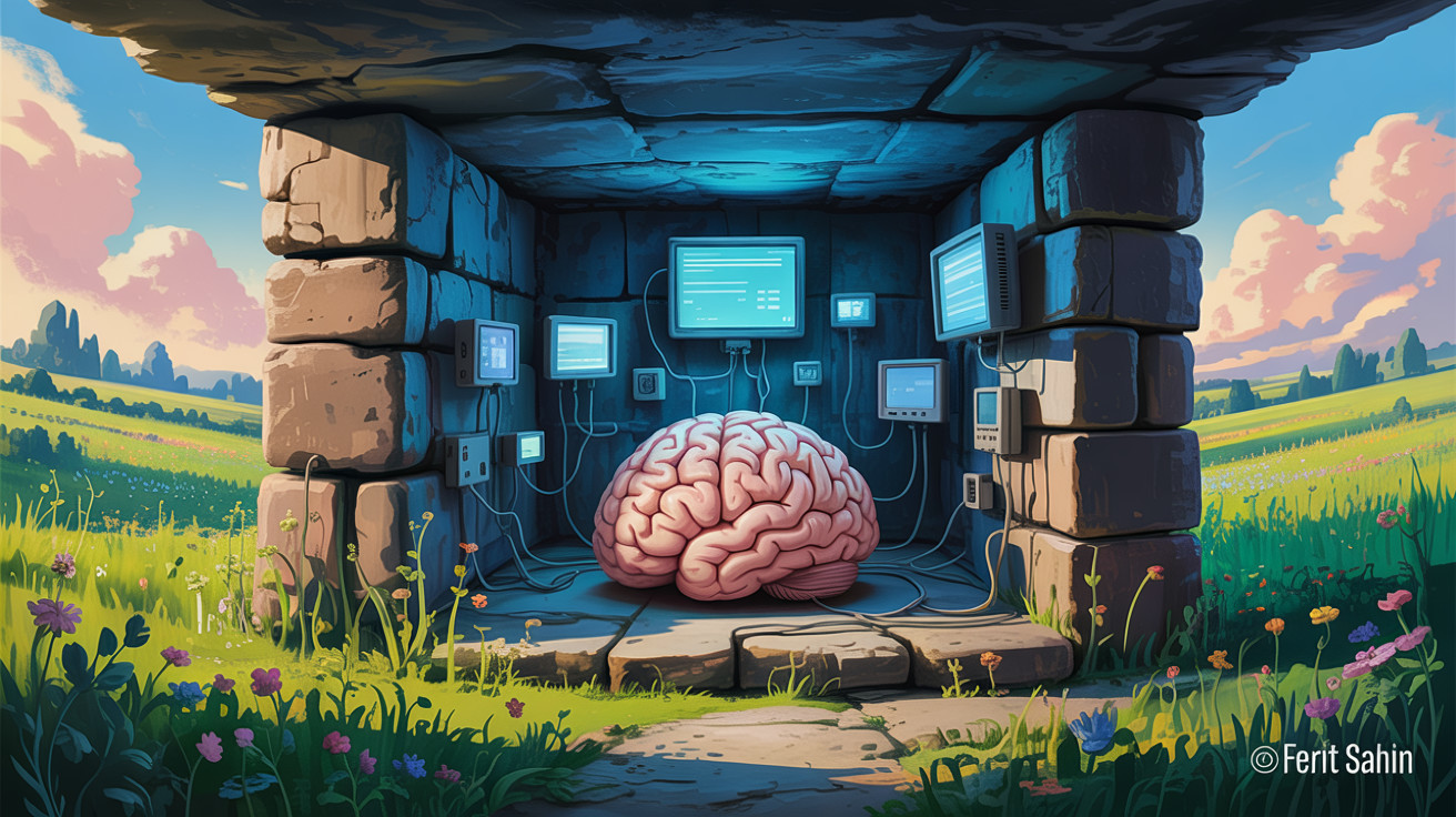 Surreal Scene of Pink Brain in Stone Structure
