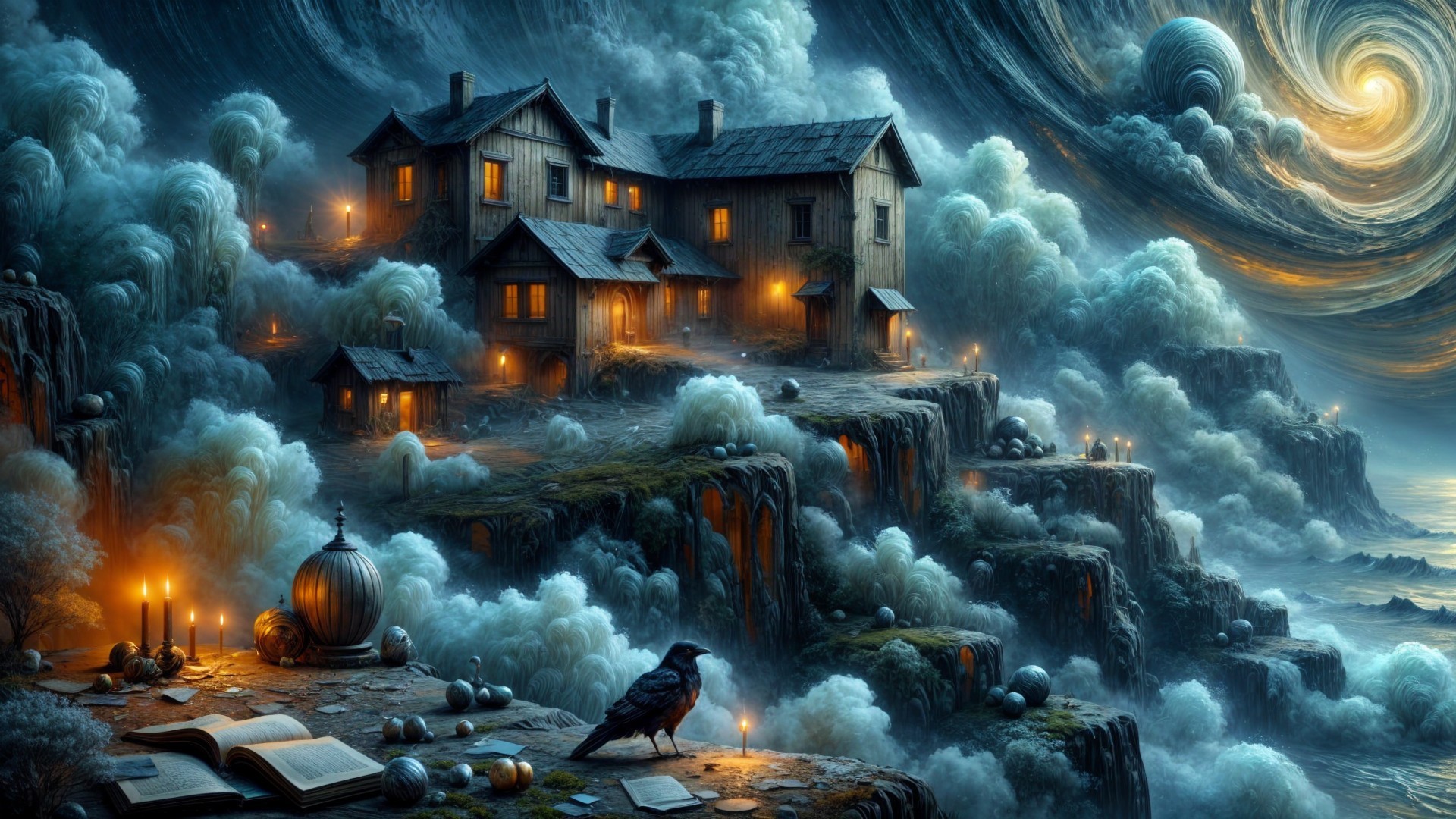 Mystical Landscape with Cliffs and Glowing Houses