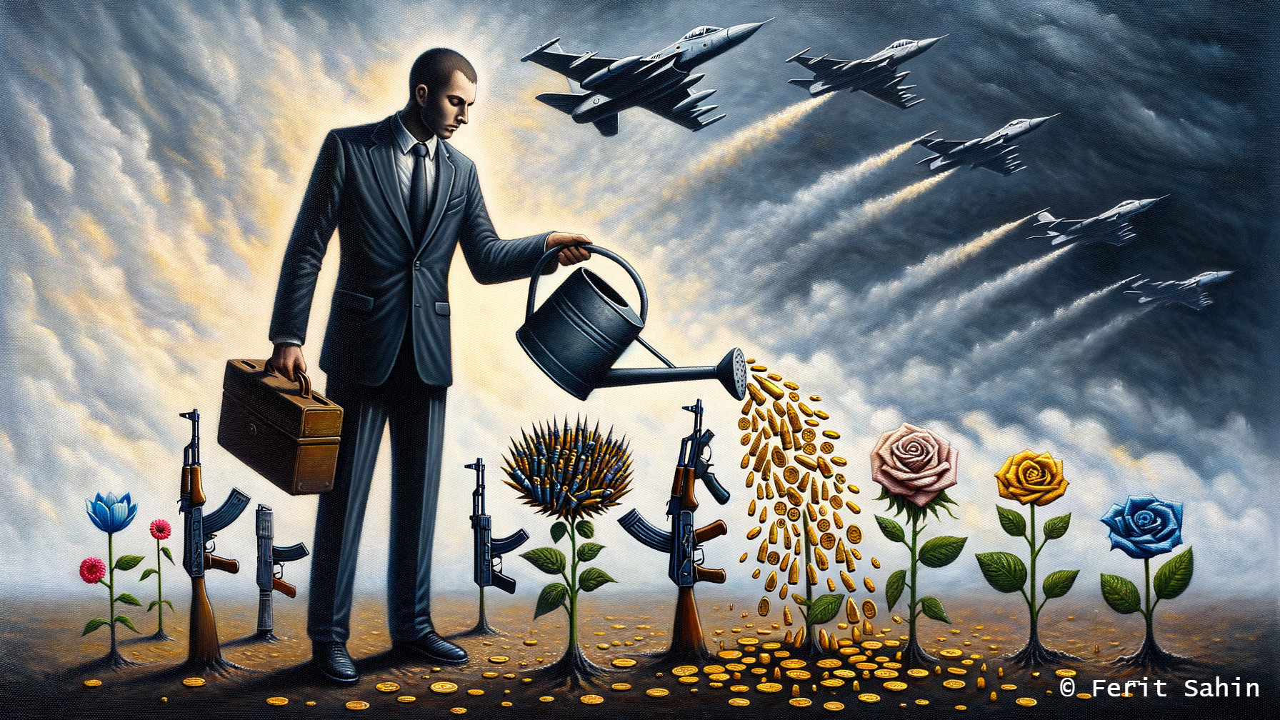 Man in Suit Watering Flowers That Transform into Guns