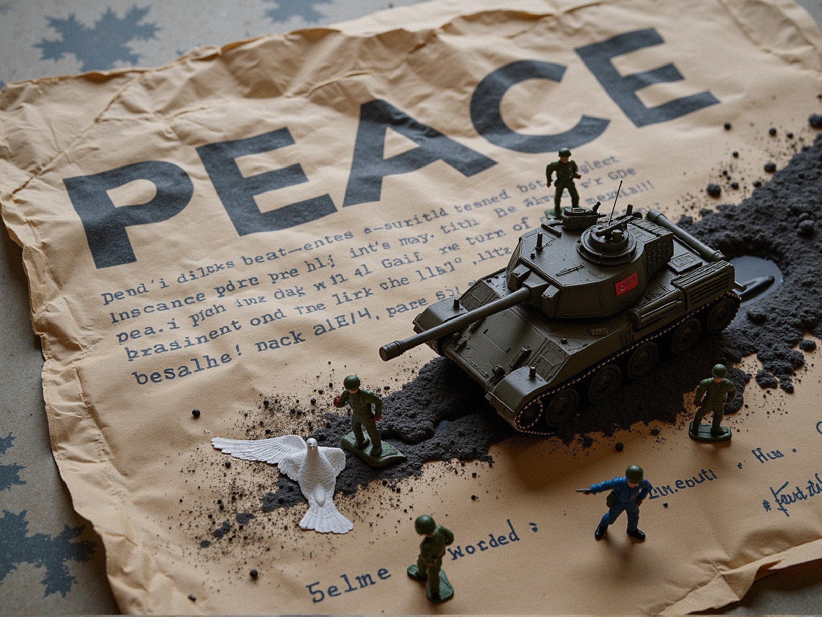 Military tank and toy soldiers on peace-themed paper