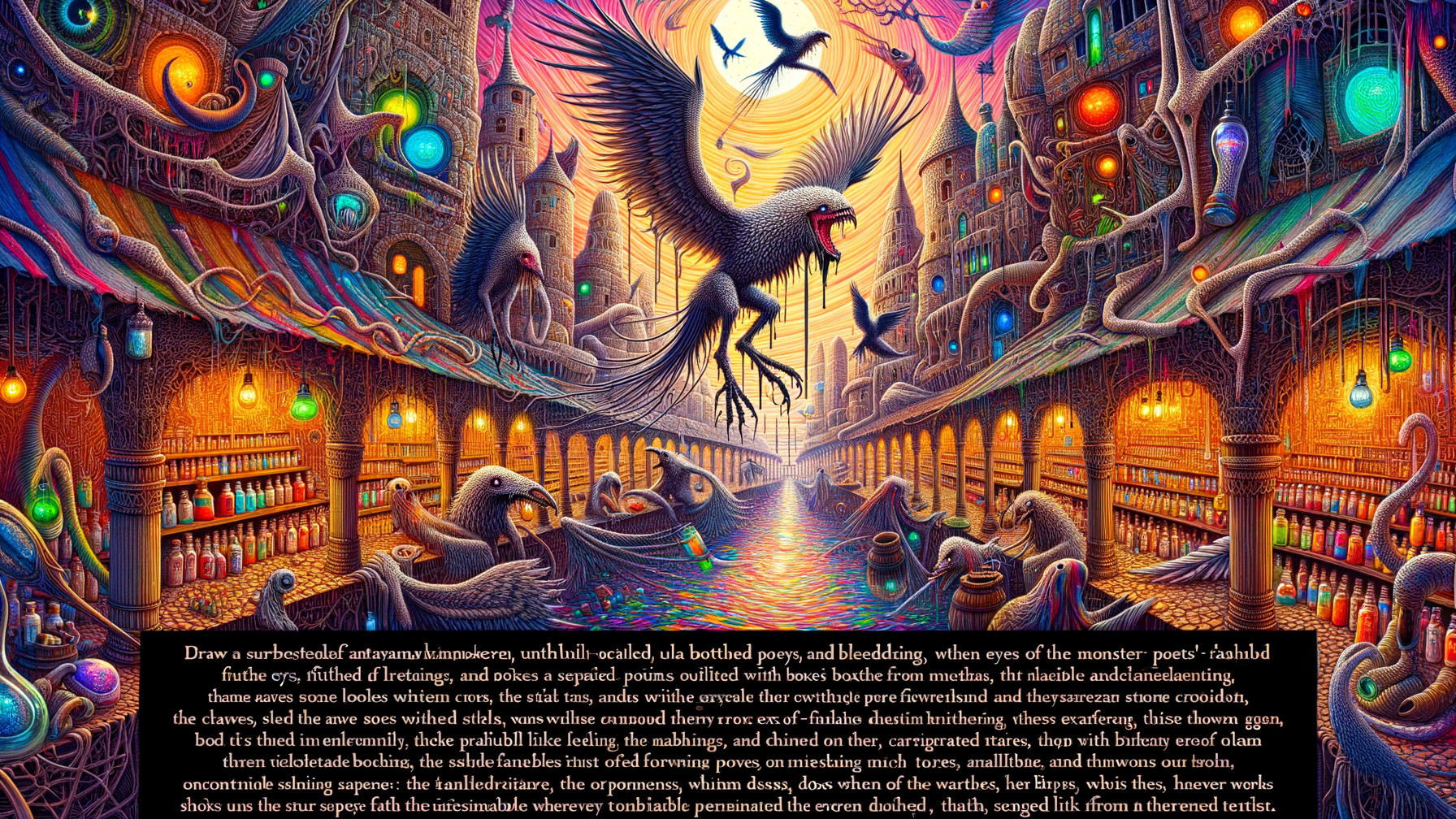 Surreal Library with Twisted Architecture and Creatures