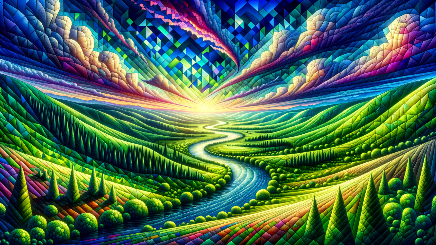 Vibrant Landscape with Rolling Hills and River Reflection