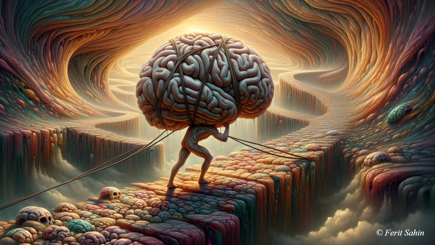 Surreal Landscape with Humanoid and Oversized Brain