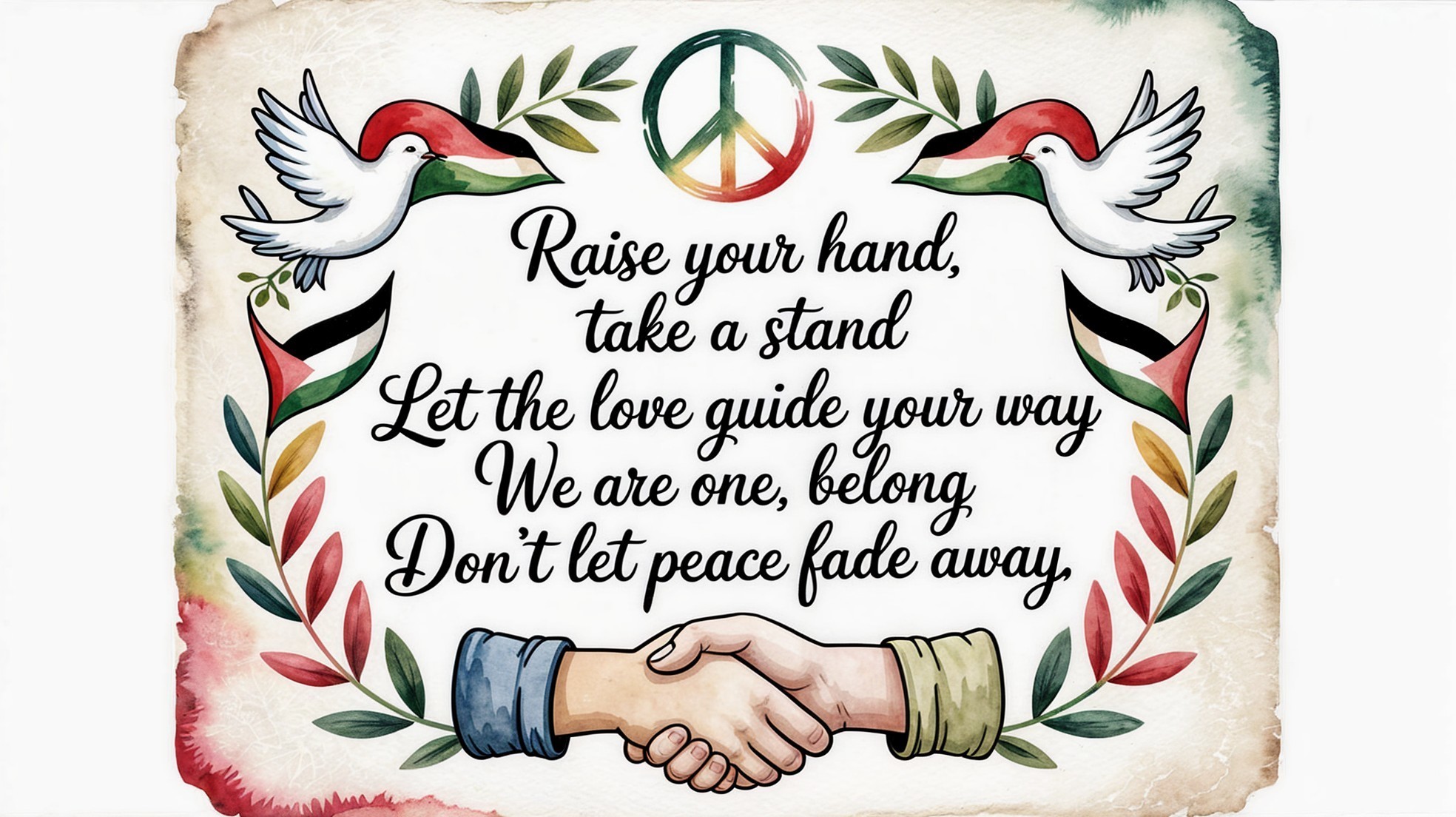 Watercolor Artwork Depicting Doves and Peace Symbol