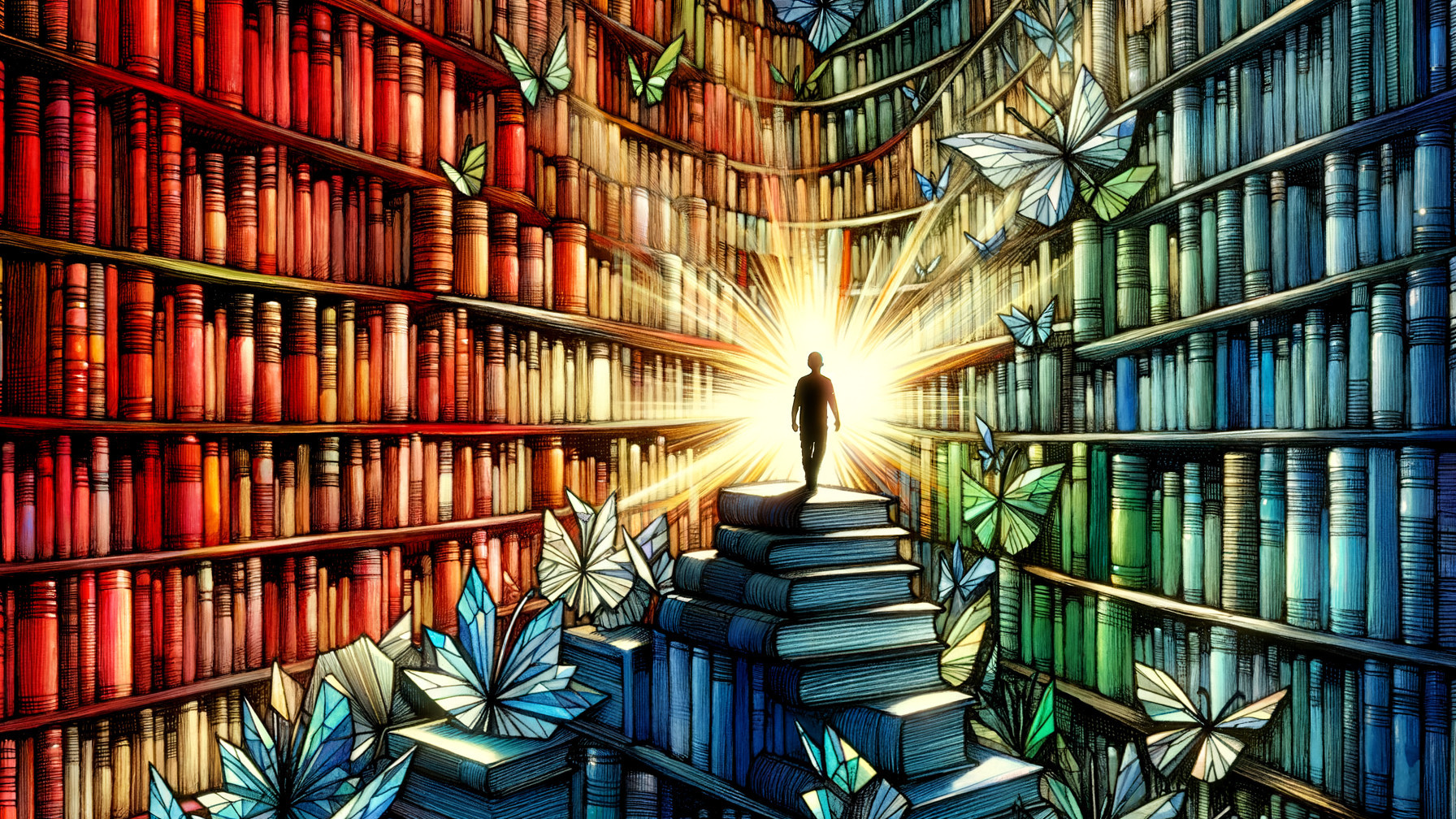 Vibrant Library Scene with Books and Butterflies