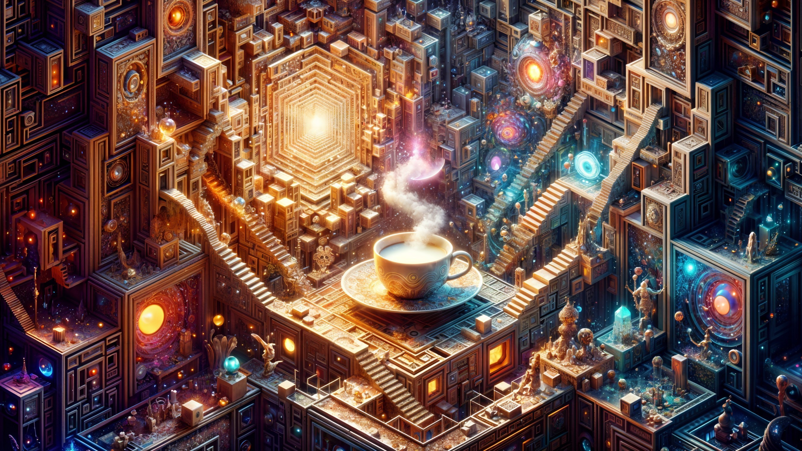Surreal Coffee Scene with Geometric Structures and Galaxies