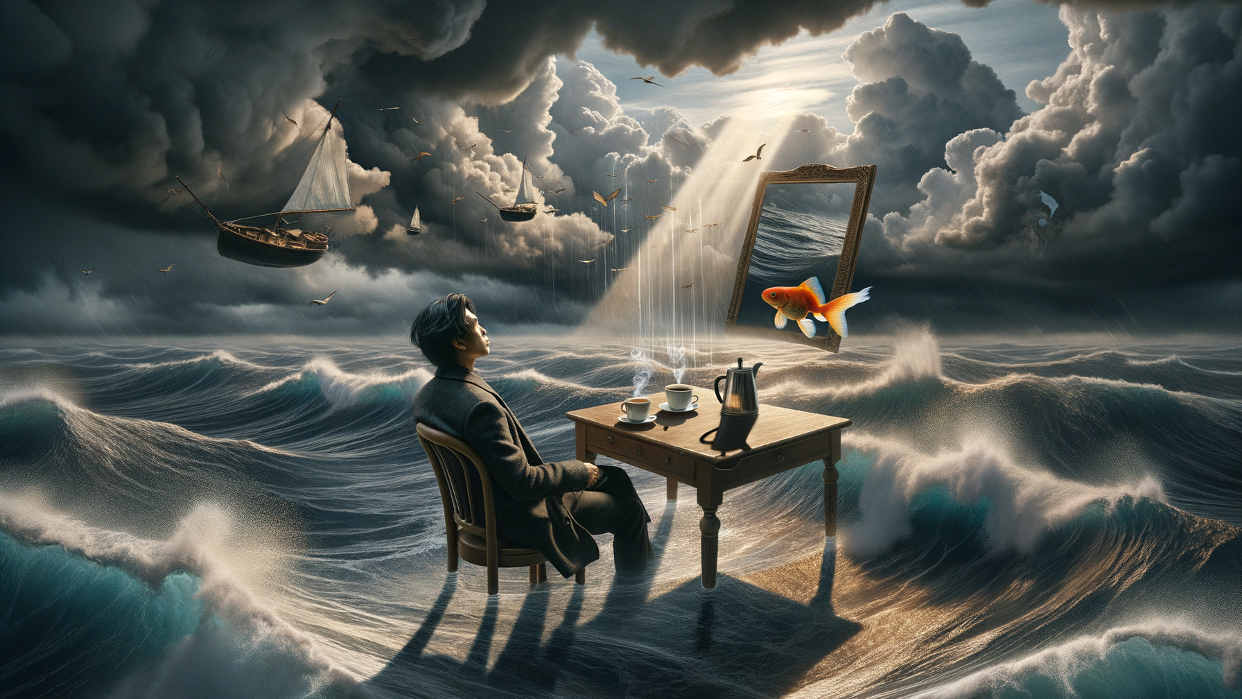 Man at Table with Mirror and Goldfish in Surreal Scene