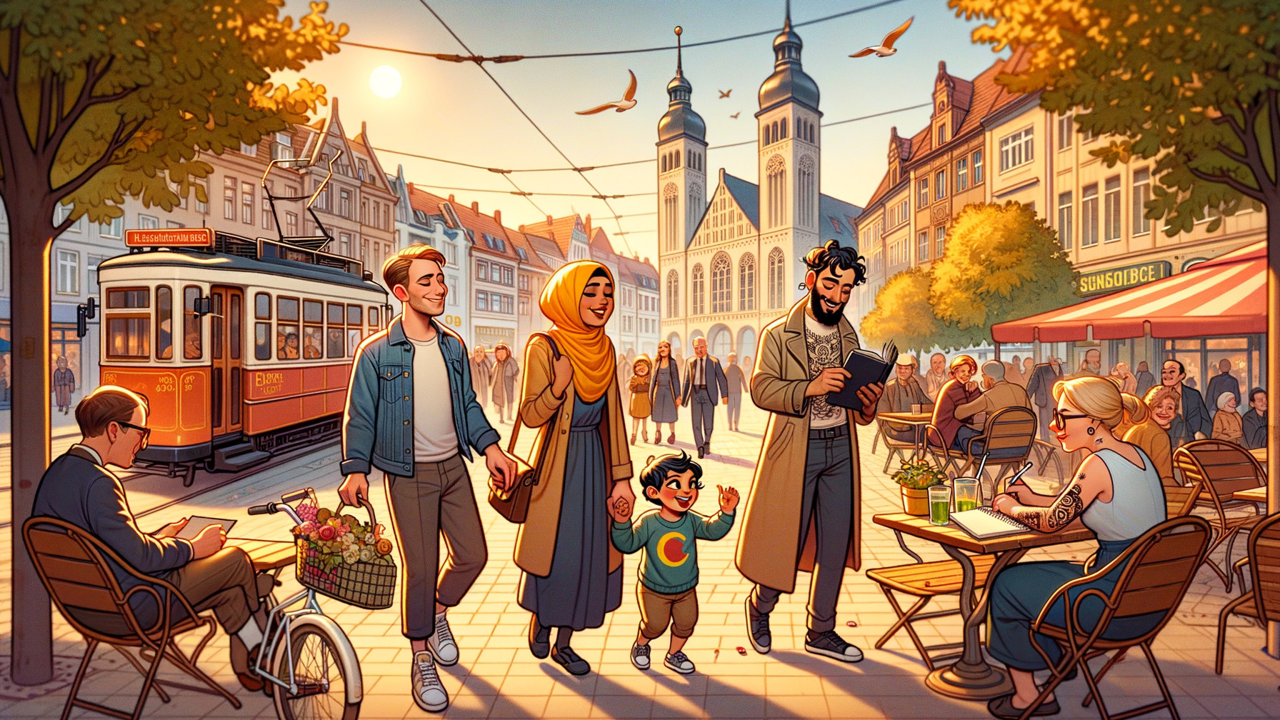 Diverse Family Strolling in Vibrant City Square