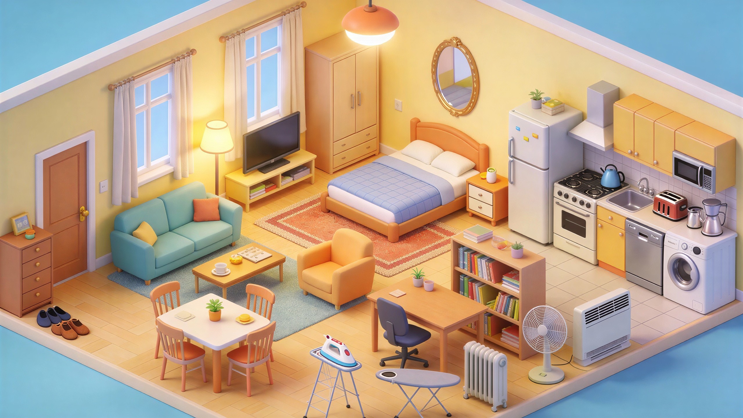 3D Isometric View of a One-Bedroom Apartment Design